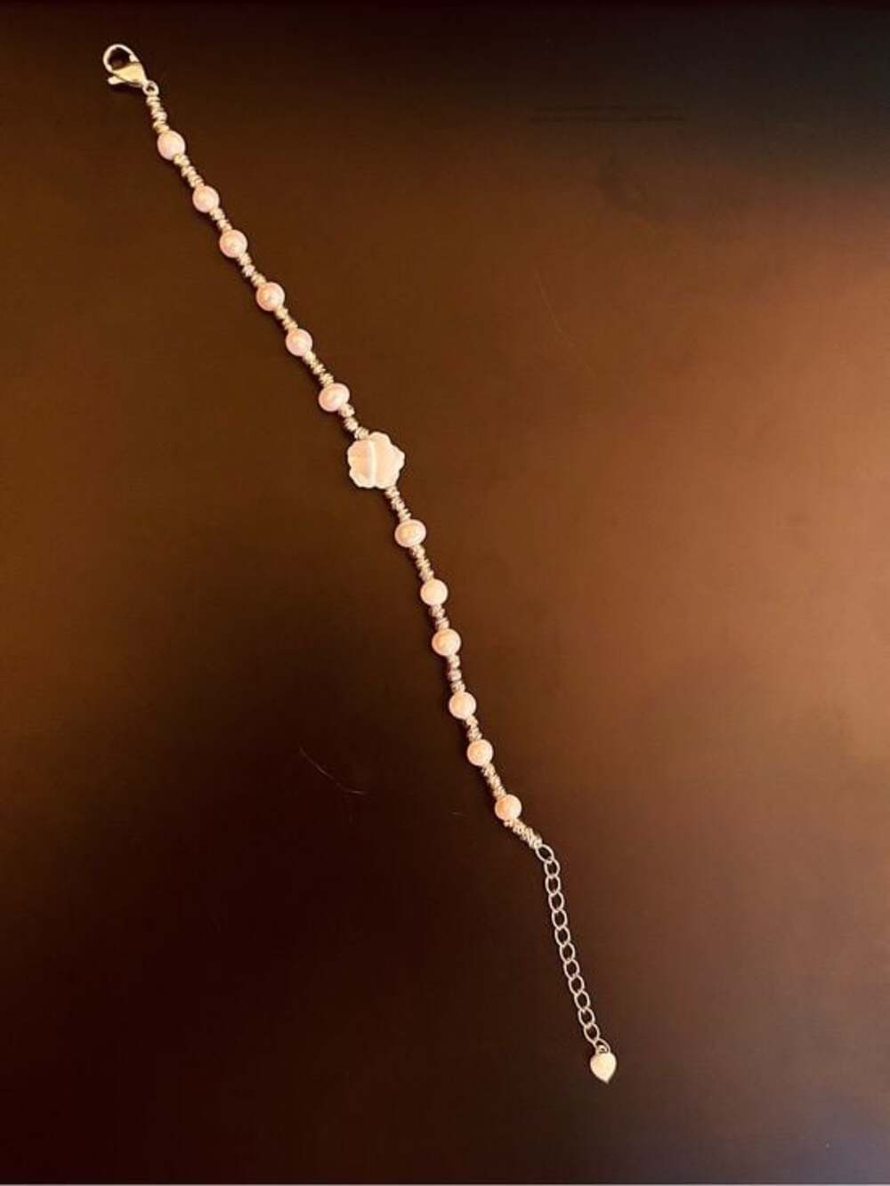 Delicate White Pearl Bracelet with Carved Rose Center - Picture 2 of 2